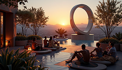 grande Sculpture abstraite décorant la terrasse d'un hotel.